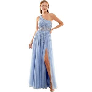 Say Yes to the Prom Womens Juniors Rhinestone Sheer Midriff Slit One Shoulder...